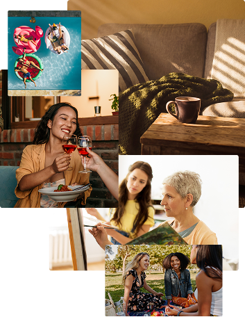 A collage of women swimming, toasting drinks, painting, chatting outdoors, and a mug near sunlight on a blanket.