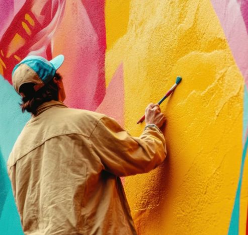 Person in a tan jacket and blue cap painting a colorful mural with yellow paint and a small brush.