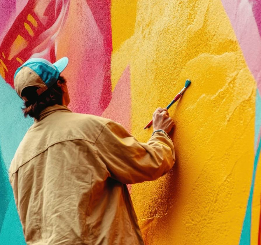 Person in a tan jacket and blue cap painting a colorful mural with yellow paint and a small brush.